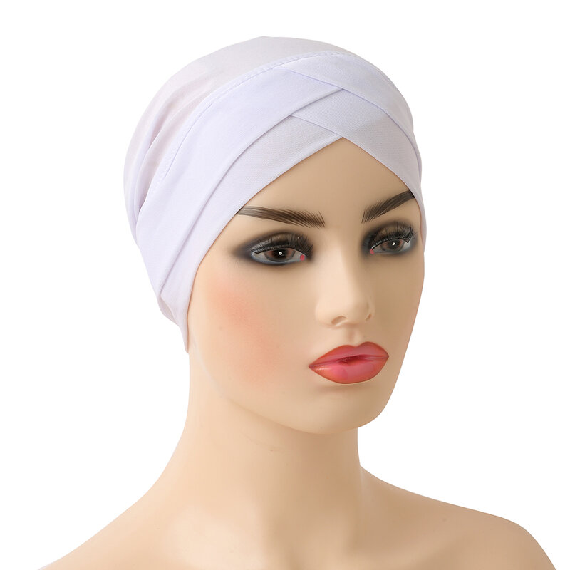 Mulheres elástico turbante chapéu cruz cabeça envoltório algodão hijab boné cor sólida macio lenço moda muçulmano chapéus cachecol alta qualidade novo