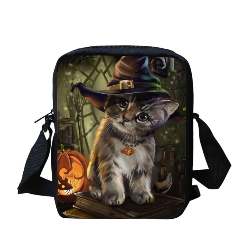 Tas bahu kecil untuk anak-anak, tas kurir motif pola kucing hitam Halloween, tas selempang kasual yang dapat disesuaikan, hadiah liburan