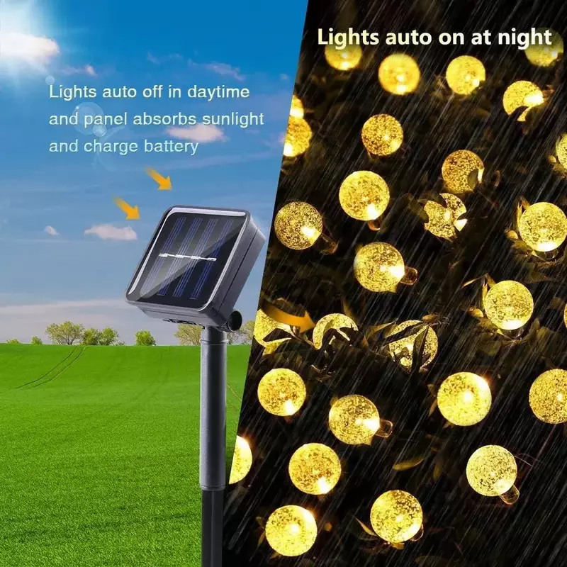 Lampu setrip LED kristal tenaga surya, lampu untai LED bola dunia kristal tenaga surya, lampu karangan bunga Natal untuk dekorasi pesta taman, lampu liburan, 5m 20m 200 LED
