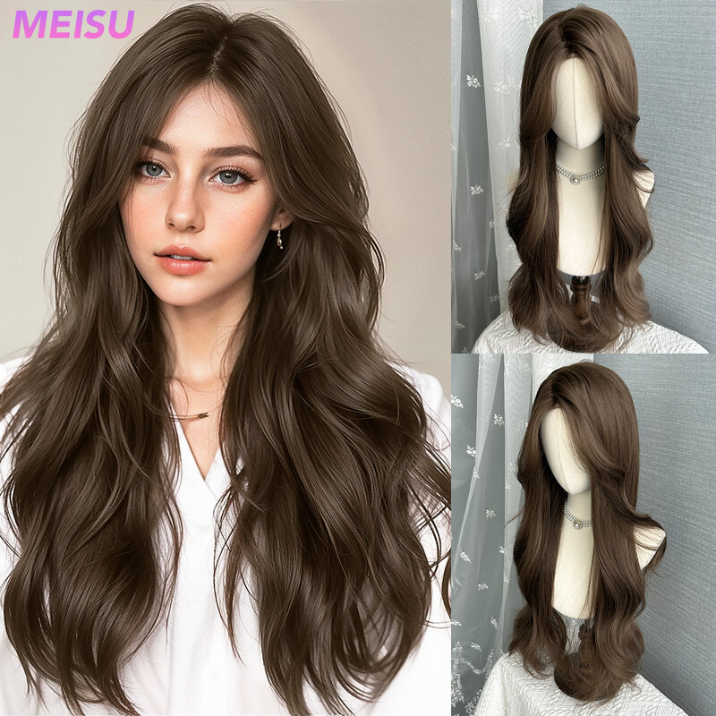 MEISU 26-дюймовые коричневые парики на сетке спереди, вьющиеся парики, синтетические термостойкие натуральные гладкие реалистичные парики для женщин