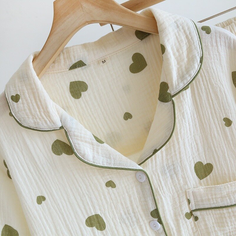 Conjunto de pijama estampado de coração feminino, gaze 100% algodão, manga curta, calça comprida, pijamas femininos, verão, 2 peças, 2022