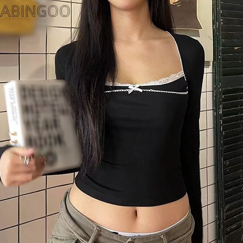Abingoo Y 2K Kant Met Vierkante Hals En Lange Mouwen T-Shirt Voor Dames Herfst Pittig Meisje Pullover Slim Fit Koreaanse Strik Korte Crop Top