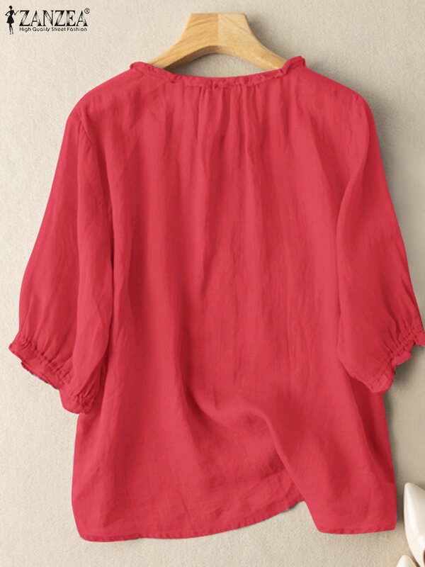 Zanzea-blusa estampada floral para mulheres, gola redonda, manga curta, babados, casual, praia, férias, moda verão