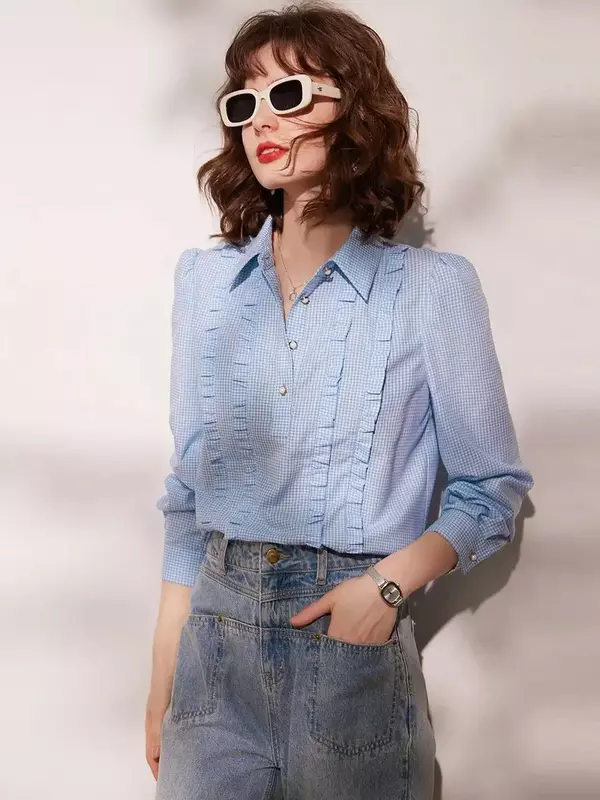 LOUIS YAO-camisa a cuadros para mujer, blusa holgada de manga larga con cuello tipo Polo, elegante, para primavera, 2024