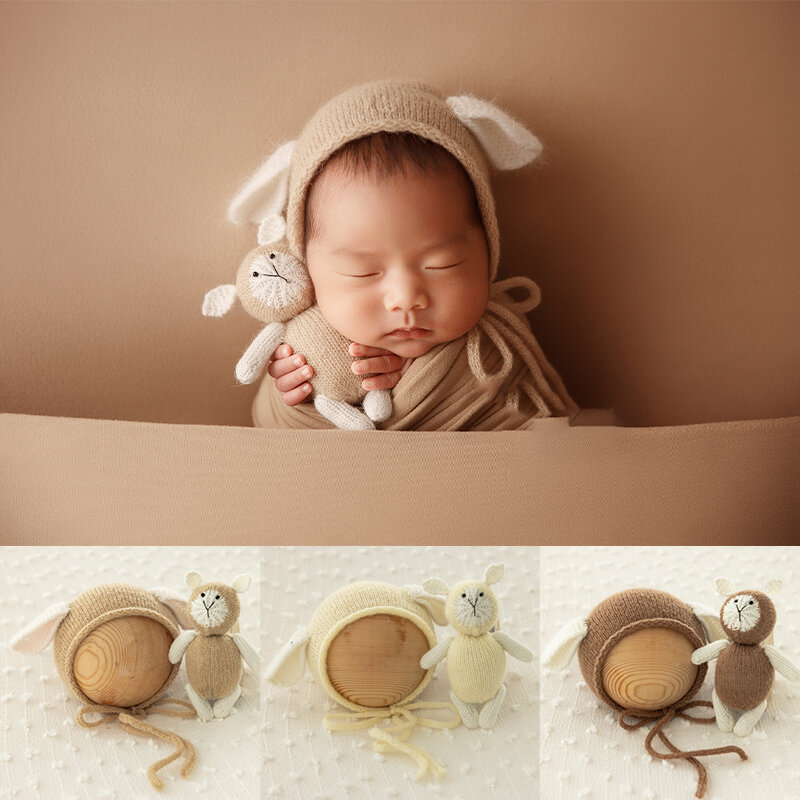 Вязаные крючком аксессуары для фотосъемки с ушками животных Медведь Кролик Кукла шапка комплект из двух частей для новорожденных милый стиль Фотостудия