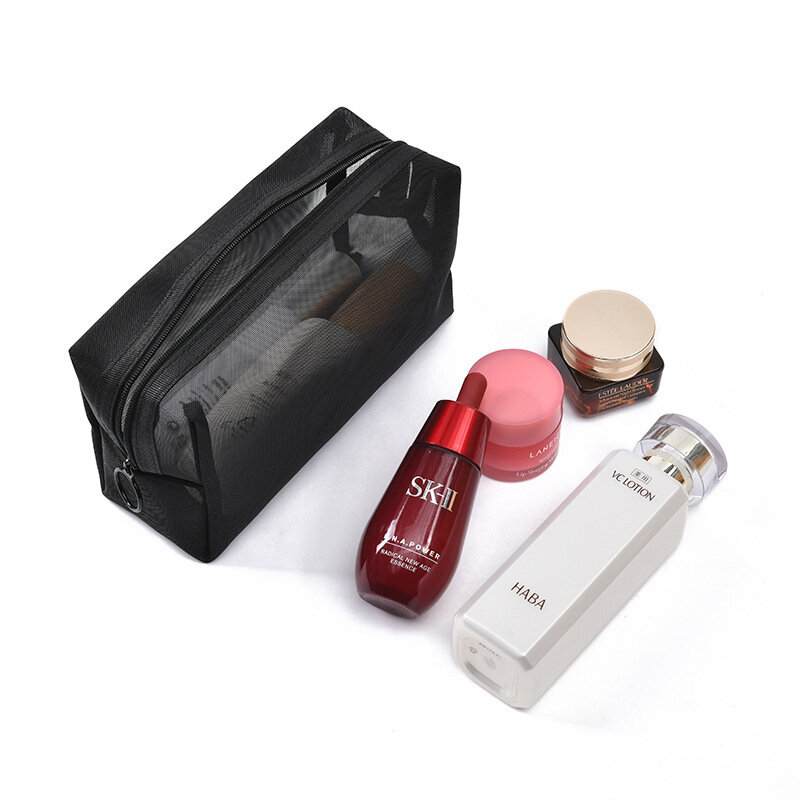 Viagem Black Mesh Cosmetic Bag para mulheres, Zipper Makeup Bag, Organizador de higiene pessoal, Bolsa de armazenamento portátil, 3 pcs