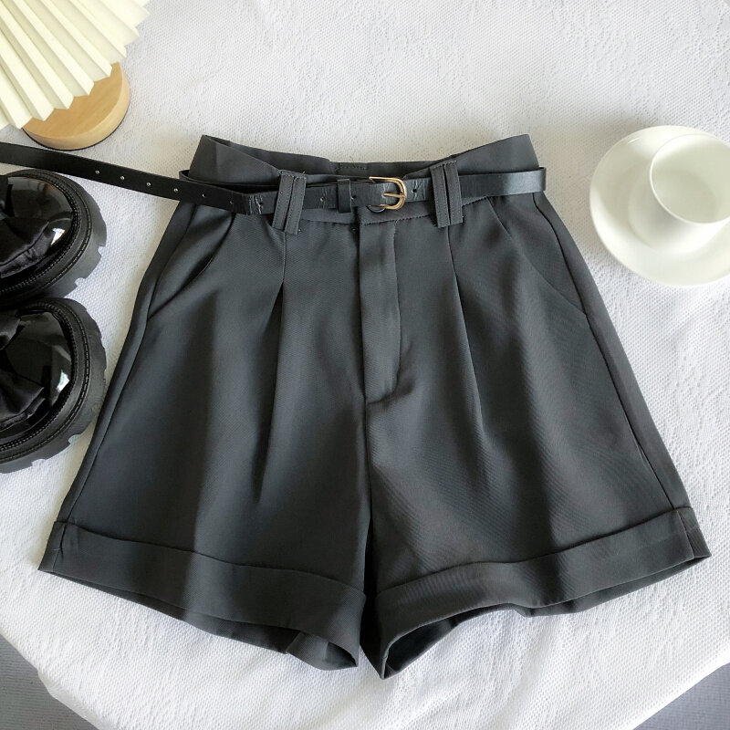 Korean Minimalist Versatile High Waisted Slim Casual Shorts Summer Fashion Solid Color Loose A-line Wide Leg Short With Belt