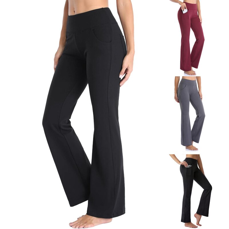 Flare celana panjang Yoga wanita, celana panjang olahraga pinggang tinggi Pilates Fitness ketat kaki lurus dengan saku
