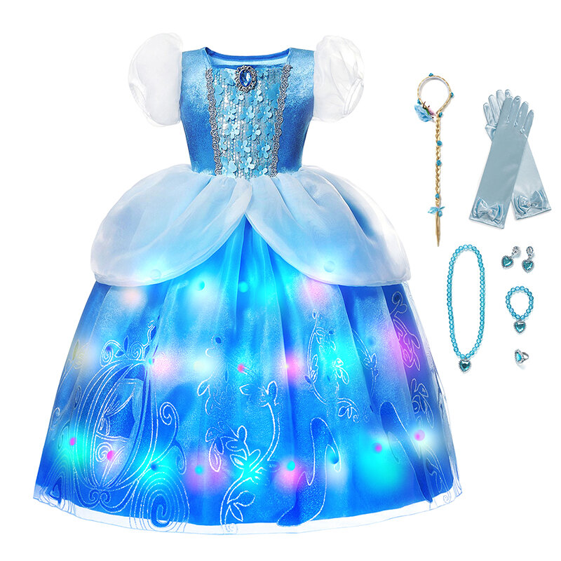 فستان الأميرة ديزني مع ضوء LED للفتيات ، زي هالوين ، تأثيري سندريلا ، كوميك يخدع ثوب ، رداء حفلة هالوين