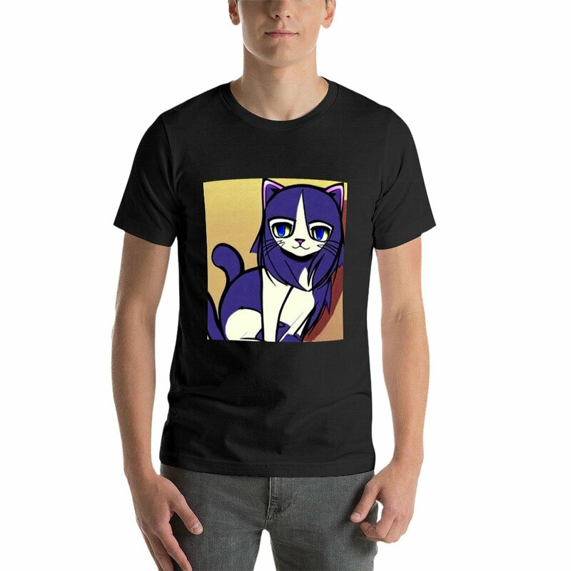 T-shirt z uroczym kotkiem inspirowany anime, szybkoschnąca grafika, gładkie białe koszulki męskie