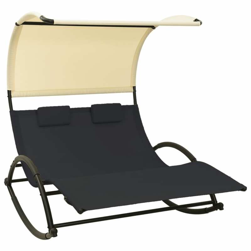 Double Sun Lounger with Canopy, Textilene and steel Outdoor Recliner Chair, Patio Furniture Black and Cream 139 x 180 x 170 cm
