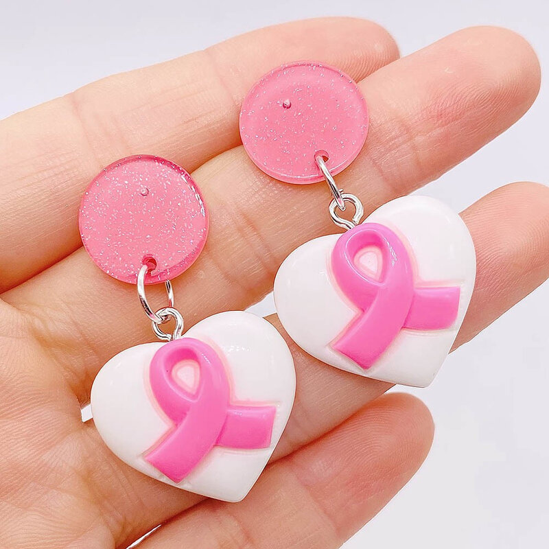 Pink Heart Ribbon Treadrop balançando brinco para mulheres, consciência do câncer de mama temático Survivor Ear Jewelry presentes para mulheres, por atacado, 1 par