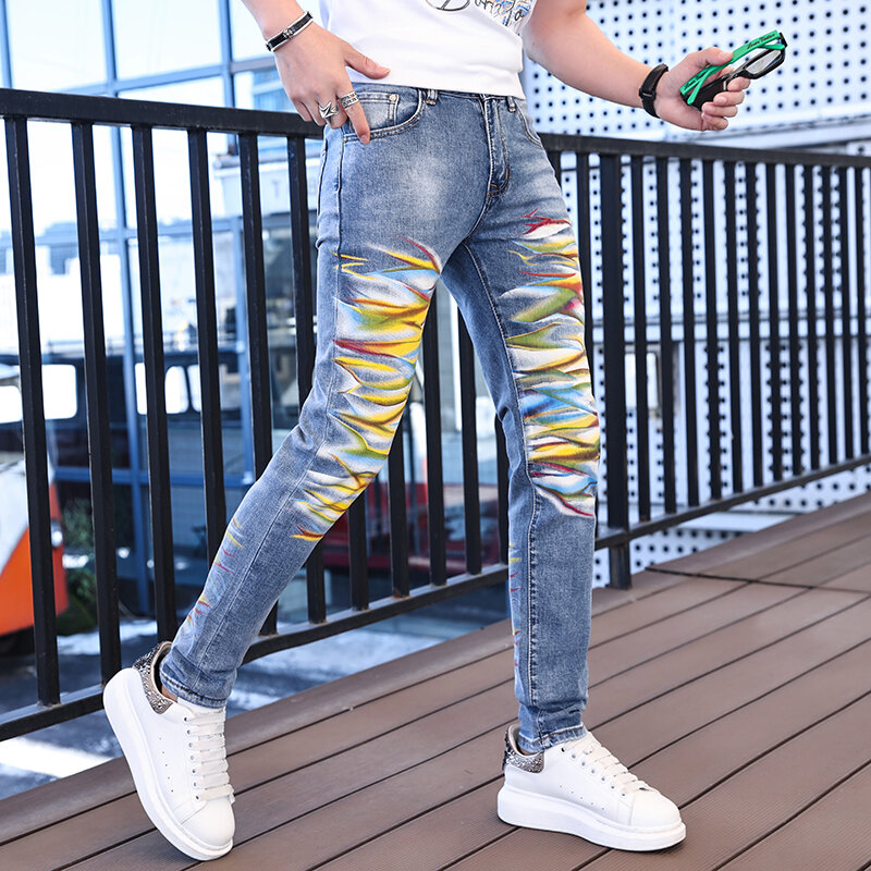 Color Printed Jeans Men's Fashion Personality Design Street Trendy Handsome Punk High-End Stretch Slim Fit Ankle Tight Trousers