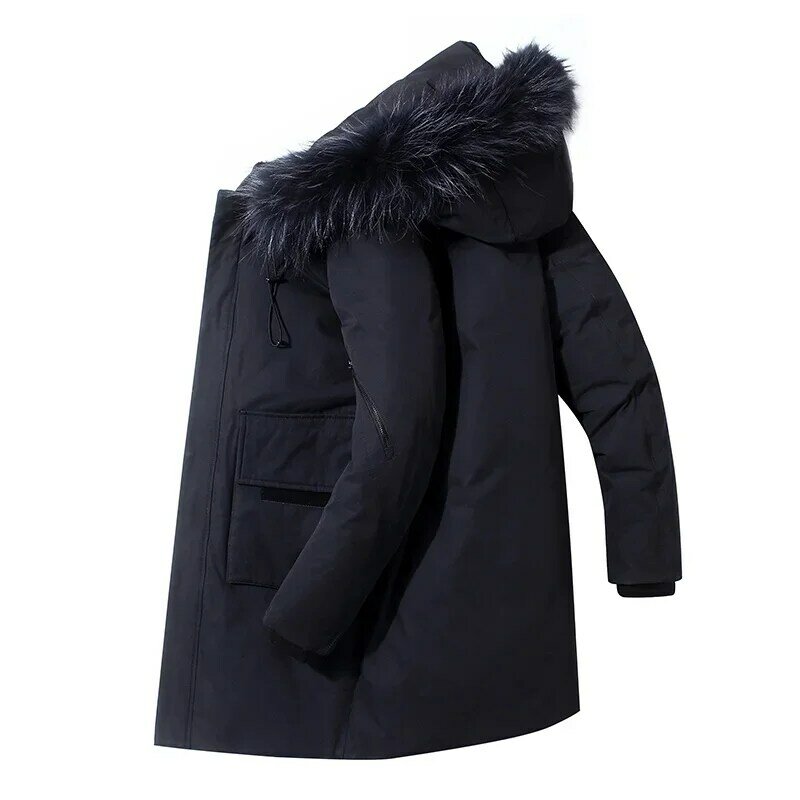 남성용 따뜻한 방풍 두꺼운 롱 다운 재킷, 후드 모피 칼라, 방수 퍼퍼 재킷, 하이 퀄리티 파카, 남성 패션, 겨울
