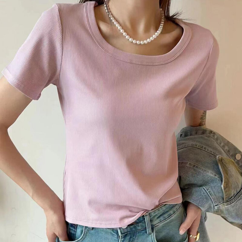 Trendy  5A antibacterial thread square collar high elastic T-shirt high elastic simple all match Solid  Version Top Sim  Student