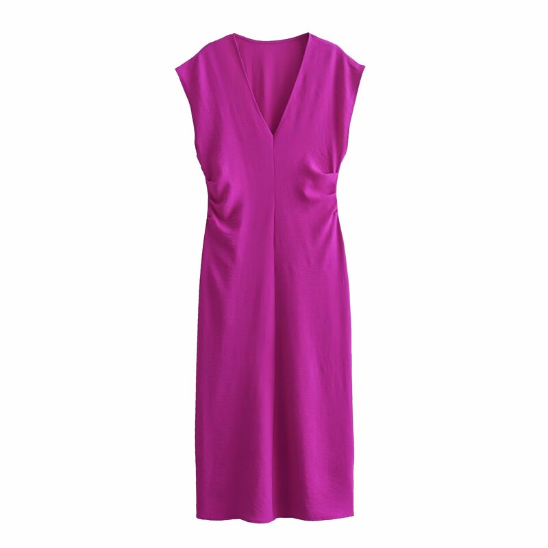 여성용 세련된 소프트 터치 폴드 장식 새그 미디 원피스 빈티지 여성 드레스 가운, 2024 신상 패션