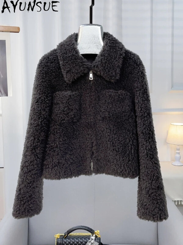 100% AYUNSUE 여성용 양 전단 재킷, 한국 짧은 과립 울 코트, 여성 외투, 가을 겨울