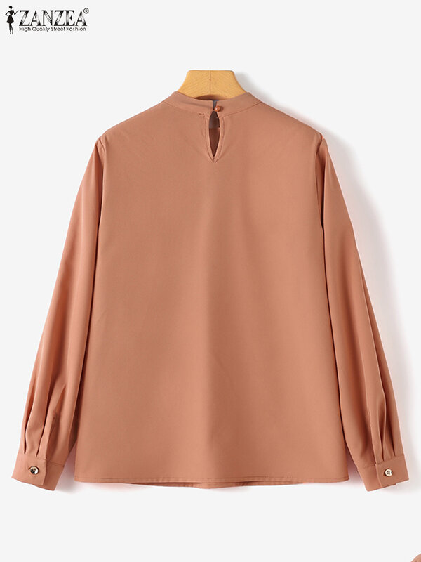 Осенняя модная блузка с длинным рукавом и воротником-стойкой ZANZEA 2023, женские повседневные Однотонные блузки, винтажная офисная рубашка