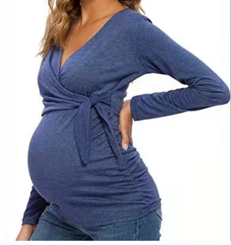 ชุดคลุมท้องเสื้อ Maternity ฤดูใบไม้ผลิและฤดูใบไม้ร่วง Tops ให้นมบุตร V คอเซ็กซี่หญิงตั้งครรภ์