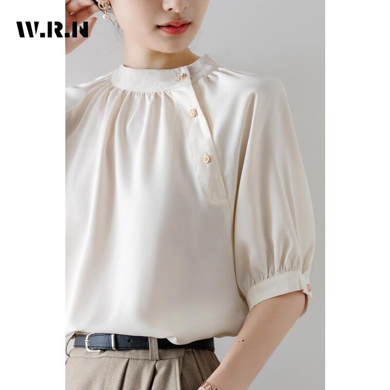 Рубашка женская однотонная с коротким рукавом, повседневная Элегантная блузка с круглым вырезом, роскошная винтажная классическая офисная базовая одежда, лето 2024