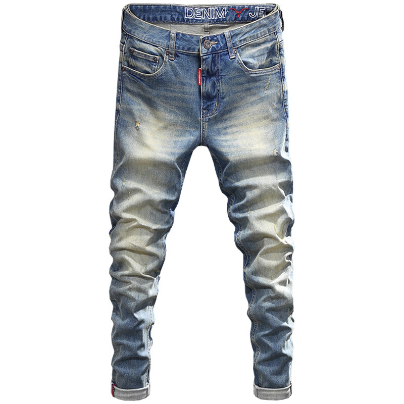 Джинсы мужские Стрейчевые в стиле ретро, Модные Винтажные Синие рваные джинсы-стрейч, узкие брюки с эффектом потертости, дизайнерские штаны из денима