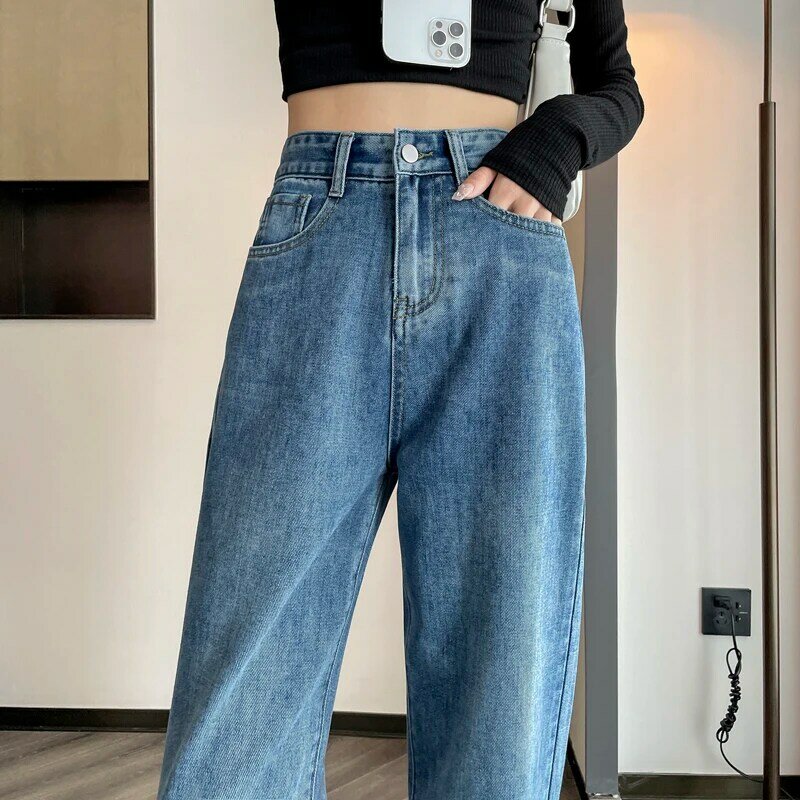 Wide-leg Jeans Women's Autumn New Blue Loose High-waist Straight Trousers Y2k American Retro Jeans Women Free Shipping
