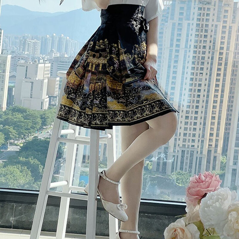 Media falda Hanfu modificada para mujer, moda, cintura alta, Laceup, estampado Retro, Simple, hermoso, verano, nuevo