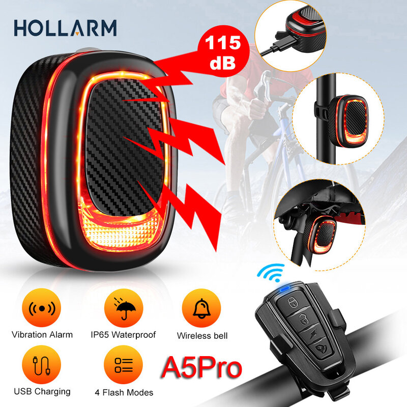 Hollarm-luz trasera antirrobo para bicicleta, lámpara inteligente con sensor de freno automático y Control remoto, carga USB, impermeable