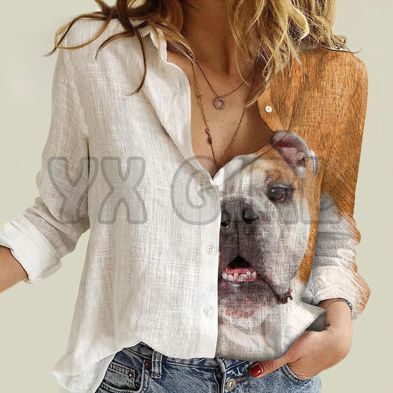 Yx menina meio anjo metade inglês bulldog camisa de manga longa das mulheres 3d impresso botão-para baixo camisa casual única streewear