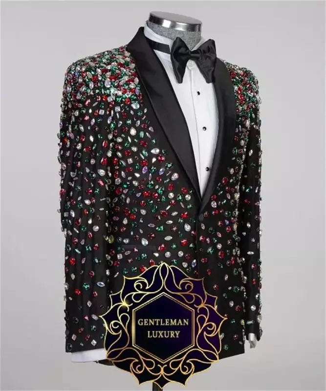 Luxury Crystal Men Suits Pants Set 2 Piece Black Blazer+Trousers Groom Wedding Tuxedo Single Breasted Coat Custom Made Jacket