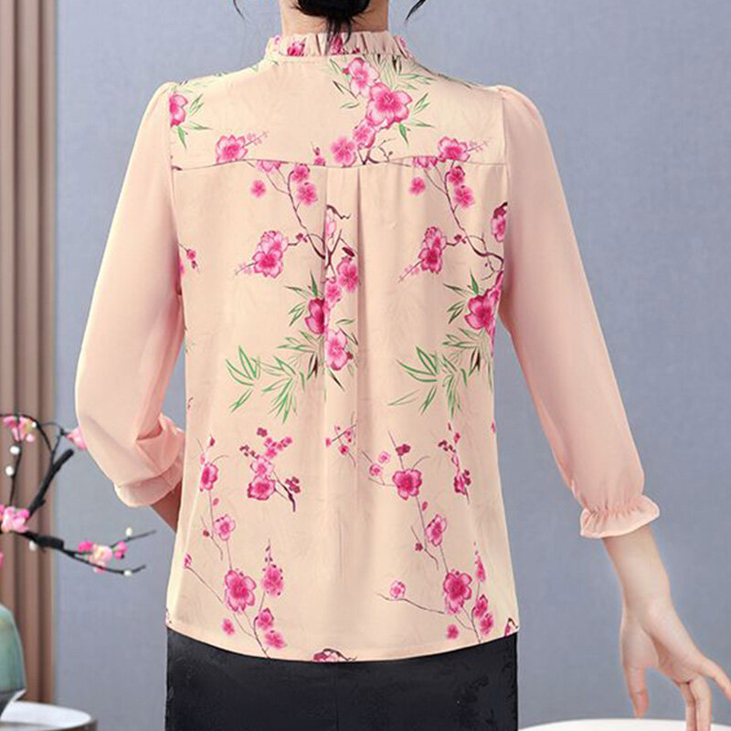 2024 New Summer Elegant Fashion Loose Casual Office Lady Retro Chinese Style Women's Shirt Print Lapels Long Sleeve Chic Tops