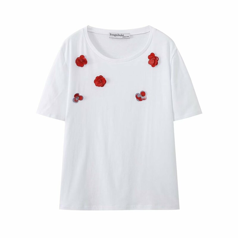 T-shirt à manches courtes en coton pour femmes, pull à col rond, haut polyvalent, décoration florale, mode décontractée, nouveau, 2024