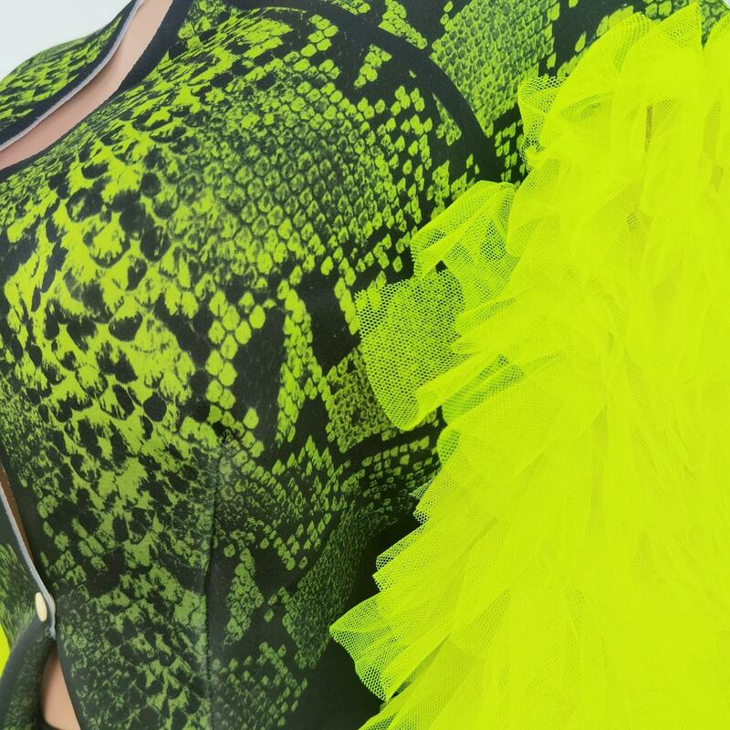 Mode Drie Delige Outfit Set Fluorescerende Green Snake Print Halloween Kostuum Vrouwen Jas Festival Bodysuit Outfit Ferformance