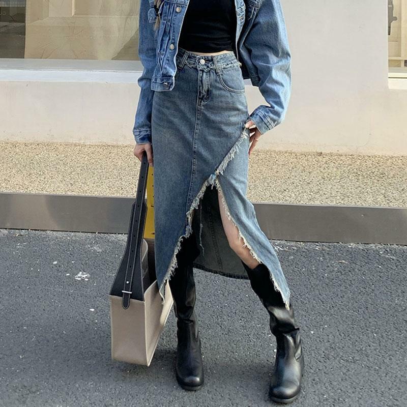 Mode hohe Taille unregelmäßig geschlitzten Jeans rock für Frauen Sommer sexy mittellange A-Linie Jeans Rock Streetwear weiblich