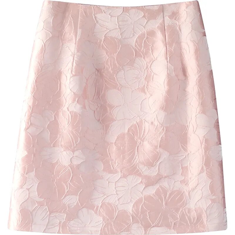 Falda de Jacquard rosa para mujer, falda acampanada de cintura alta, minifalda fina, falda de Jupe para mujer, novedad de verano 2022