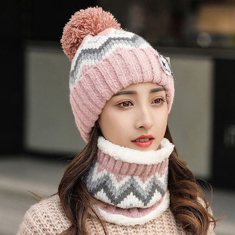 Winter Warm Beanies Hat Ring Scarf 2 Pieces Woman Pompoms Hats Knitted Caps Fashion Hat Scarve Set Outdoor Snow Riding Skullies