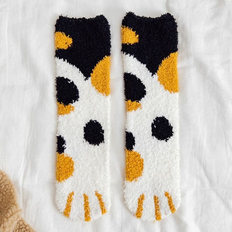 Kaus kaki hangat tapak kucing 1 pasang, kaus kaki tidur lembut tebal musim dingin motif kucing bulu karang kaki kucing