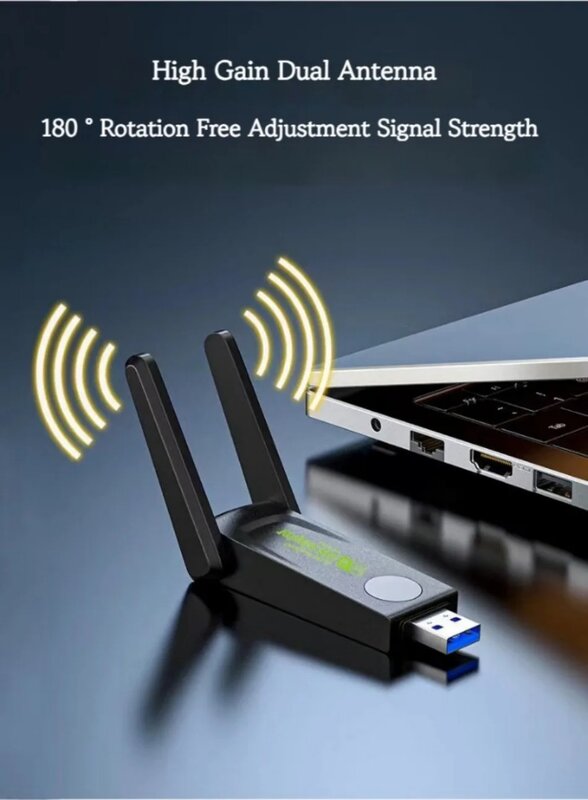 Dongle WiFi 1300Mbps, penerima nirkabel antena kuat untuk PC Laptop Driver 2.4G/5Ghz Wi-Fi 802.11AC