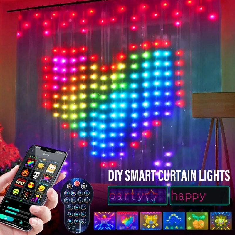 LEDスマートカーテンライトrgbicクリスマスライトストリング、調光可能なdiyパターン、音楽同期、寝室用リビングルーム