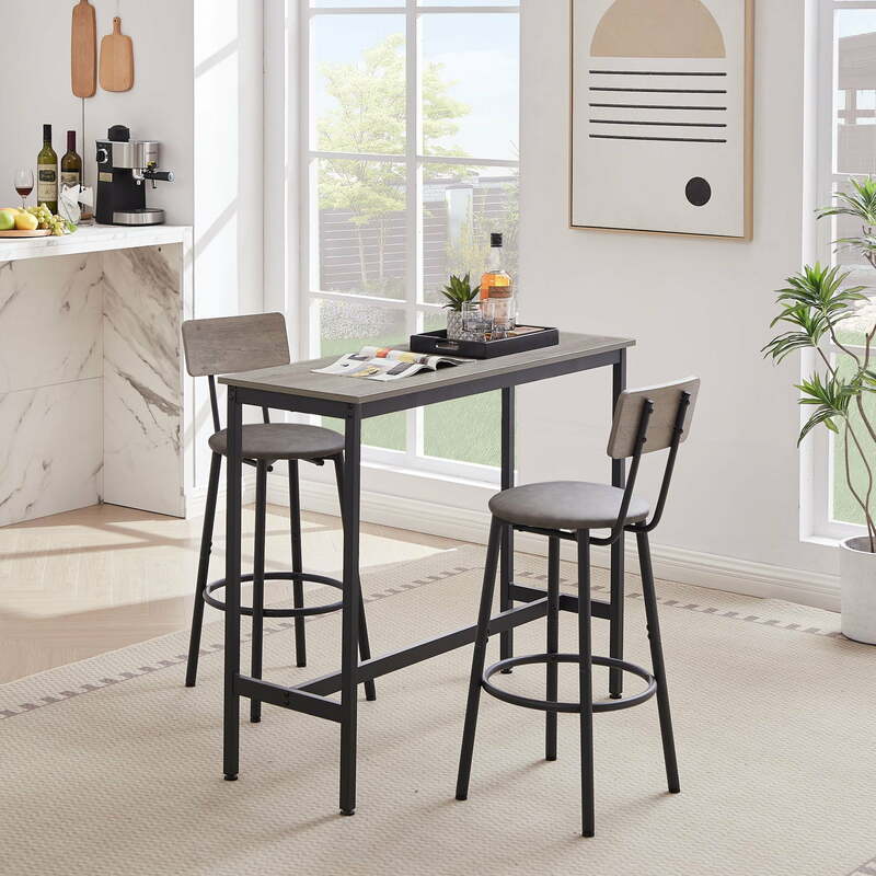 3-Piece Bar Table Set, Pub Dining Table & PU Upholstered Stools with Backrest for Kitchen Small Space, Gray