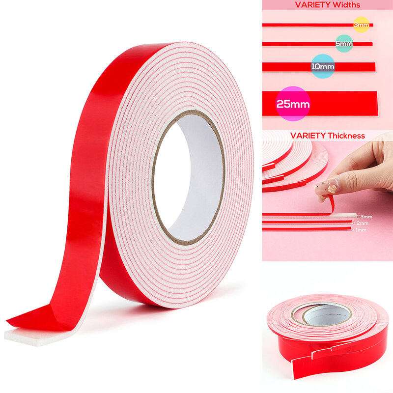 Rollo de espuma adhesiva de doble cara, cinta adhesiva 3D de 5/10m de longitud, tamaño surtido, para álbum de recortes DIY, tarjeta agitadora con purpurina