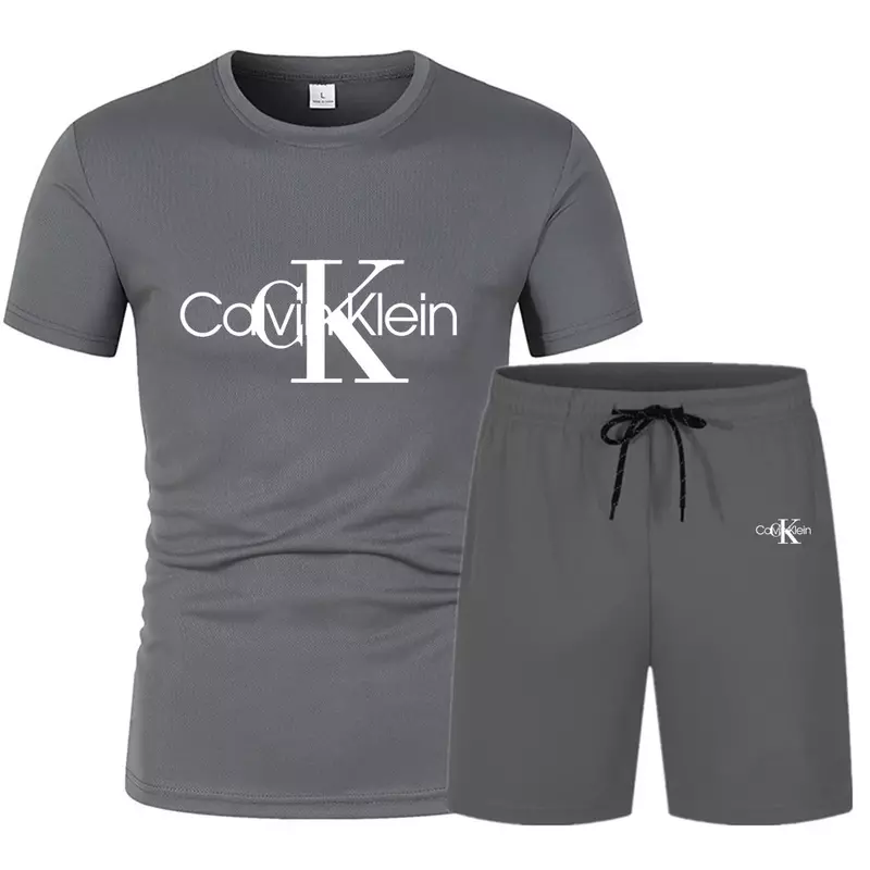 Nuovo set estivo da uomo a maniche corte, t-shirt girocollo + pantaloncini con coulisse set di due pezzi, stampa di lettere, sport casual alla moda