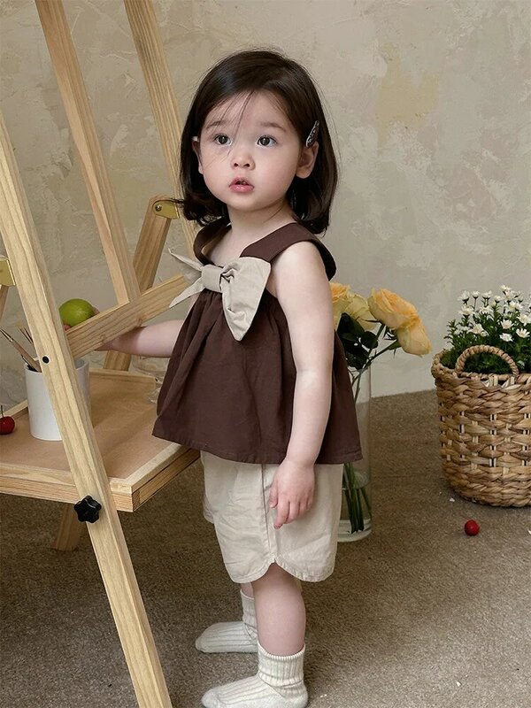 2024 Summer New Baby Clothes Set Infant Girl Big Bow camicie senza maniche + Shorts 2pcs Suit Toddler Cute Girls Thin Solid Outfits