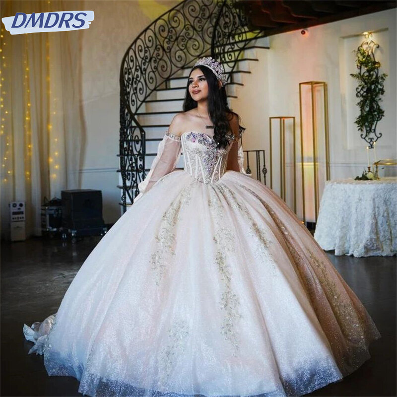 Элегантное шикарное милое кружевное платье с длинным рукавом 2024 с блестками и цветами милое платье Quinceanera 15 бальное платье искусственная принцесса