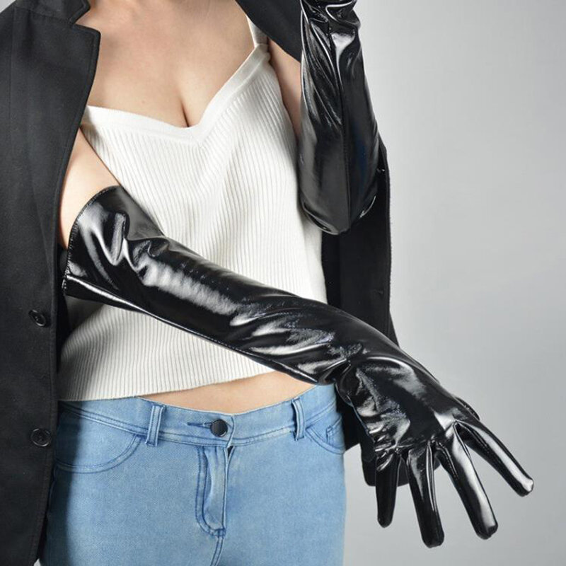 50cm Long Sectiof Patent Leather Gloves Emulation Leather Sheepskin Bright Leather PU Bright Black Women's Gloves WPU42