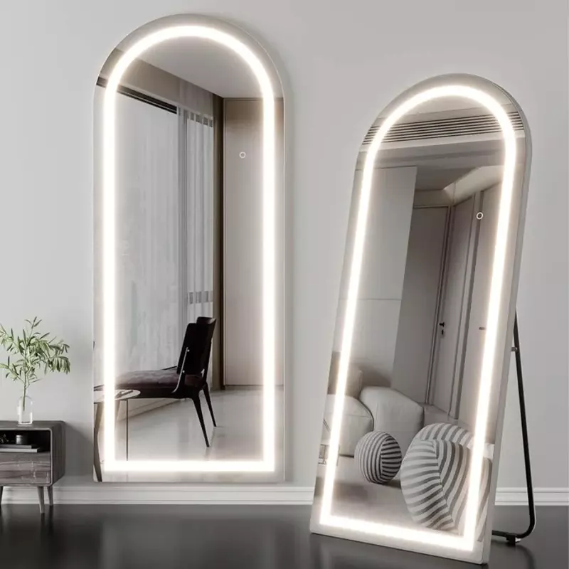 Espejos arqueados de cuerpo completo, espejo LED de longitud completa con soportes para suelo de dormitorio, habitación grande