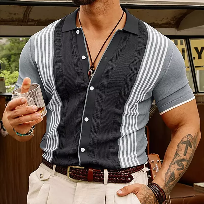 Letnia Slim, dziany koszula lodowy jedwab męska modna, patchworka dzianina w paski koszule w stylu Vintage zapinane na guziki w klapie męskie koszule dziewiarskie
