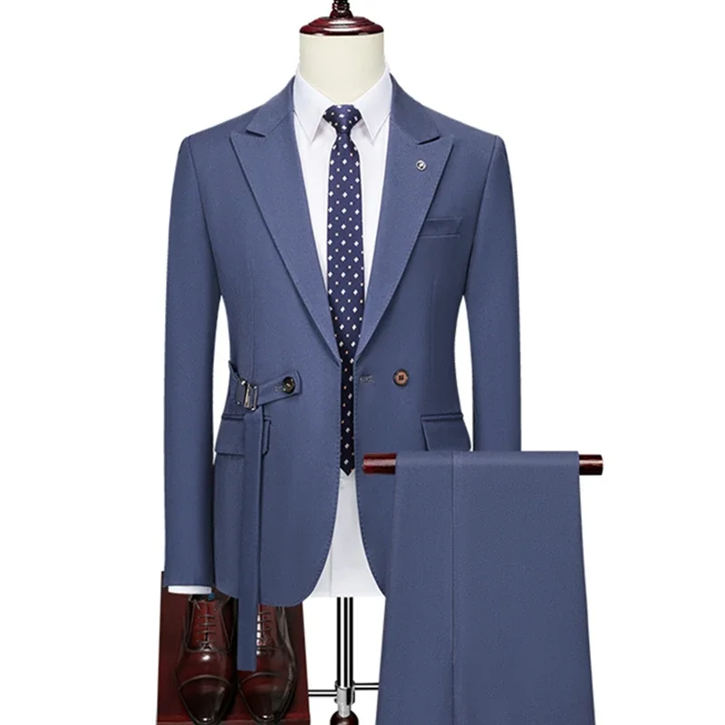 Odzież męska modne garnitury ślubne biznes Casual Slim Fit dwurzędowa kurtka marynarka spodnie spodnie 2 szt zestaw