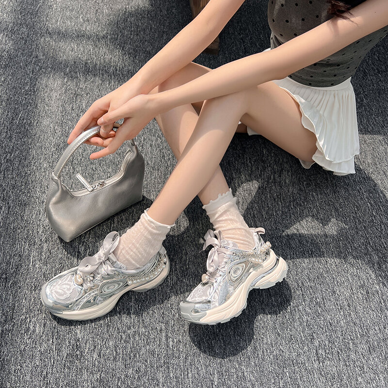 Lace Mesh String Bead Pearl Round Toe Thick Sole Chunky Heels Women Sneakers Chain Lace Up Popular Designer Sweet Female Shoes
