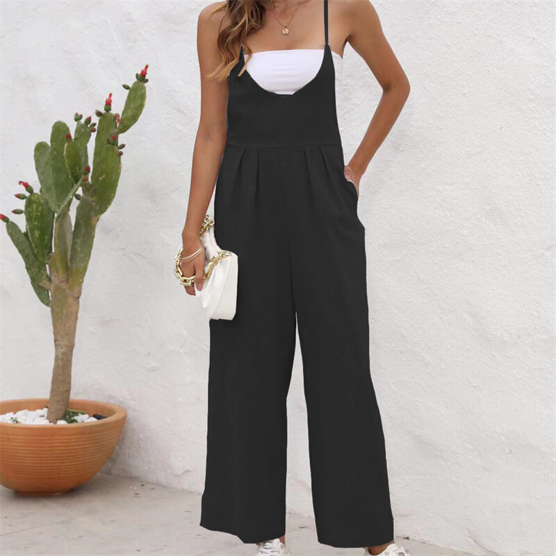 Women Sexy Spaghetti Strap Sleeveless Jumpsuits Summer Trendy Solid Cotton Linen Straight Rompers Casual Loose Pockets Overalls